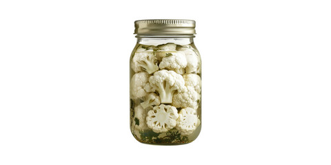 Jar of pickled cauliflower florets isolated on transparent background
