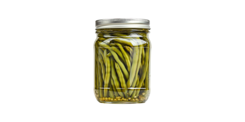 Glass jar with pickled green beans isolated on transparent background