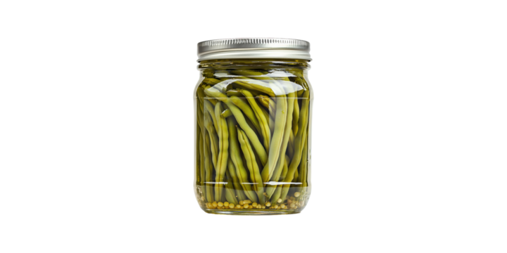 Glass jar with pickled green beans isolated on transparent background
