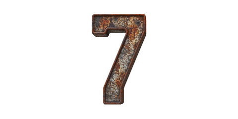 Rusty metal number seven isolated on transparent background