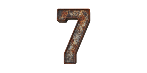 Rusty metal number seven isolated on transparent background