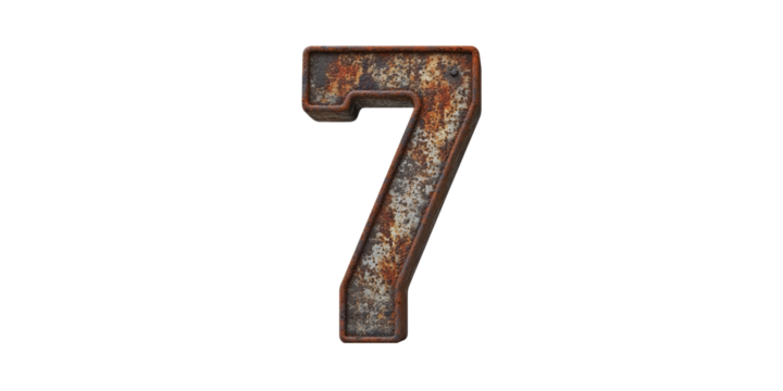 Rusty metal number seven isolated on transparent background