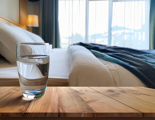 the wooden table is next to the bed there was an empty glass of water on the table drinking water in the morning benefits concept health fitness drinking water and getting adequate sleep