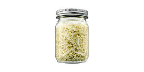 Glass jar filled with shredded cabbage isolated on transparent background