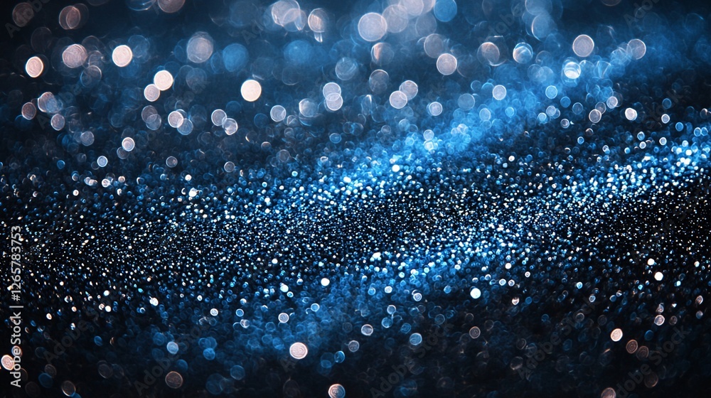 Poster blue glitter wave, bokeh background, dark studio, design element