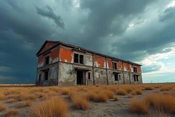Obraz premium Abandoned building in a vast field under a dramatic sky