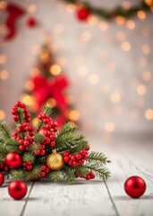 Festive christmas decoration with pine branch red and golden balls on white wooden floor and bokeh background christmas backdrop professional studio photography photorealistic style bokeh red bokeh ab