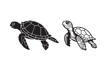 Fototapeta premium Sea Turtle Silhouette and Outline Clipart Set