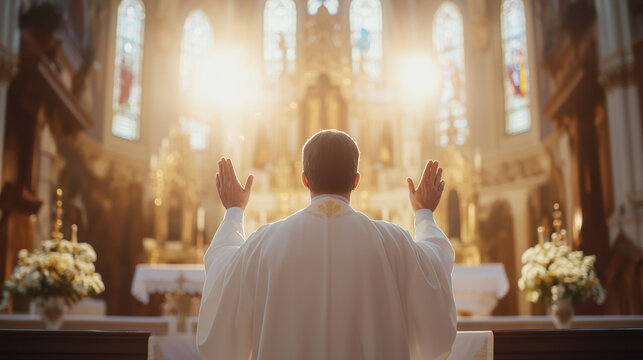 catholic priest with raised hands/ praise and worship/ adoration