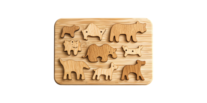 Wooden animal puzzle with various animal shapes isolated on transparent background