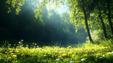Obraz premium Sunlit Meadow With Dandelions And Wildflowers In Green Forest