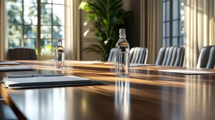 A polished wooden table in a private business meeting room with water bottles, notebooks, and elegant chairs.