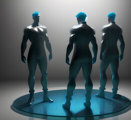 Obraz premium Abstract surrealistic - illustration of glass statue several people standing in pose. Concept project. mindfulness and meditation. Futuristic. cyberpunk. innovation different types of poses. generativ