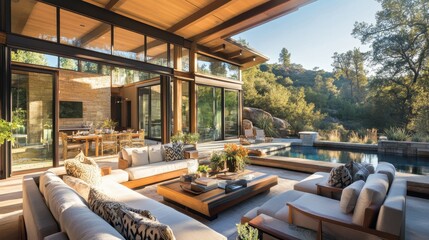 Naklejka premium Luxurious outdoor living area with pool overlooking nature landscape