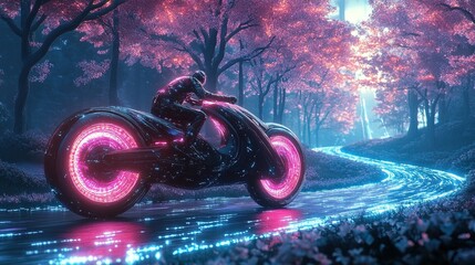 A futuristic bike glowing with vibrant energy riding through an eco-friendly digital park, serene and high-tech 