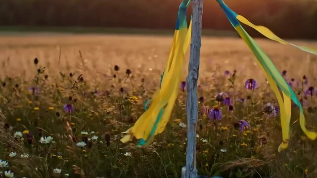 A vibrant Swedish Midsommar celebration in a lush green meadow, with a traditional maypole decorated with flowers and blue and yellow ribbons