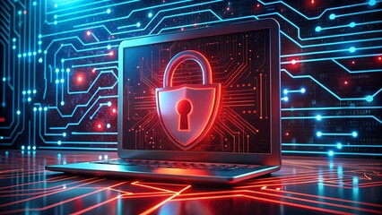 Glowing Red Cybersecurity Shield on Digital Circuit