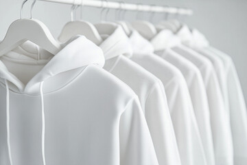 Fototapeta premium A row of white hoodies neatly hanging on wooden hangers in a clothing store. The soft fabric and minimalist display create a clean, modern look, perfect for fashion and retail-related designs