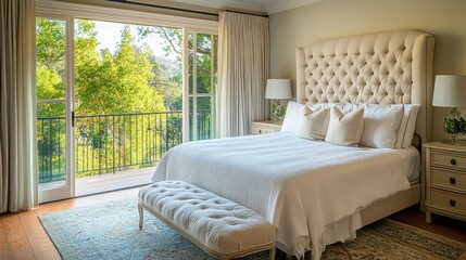 Obraz premium Bright and airy bedroom featuring a tufted headboard