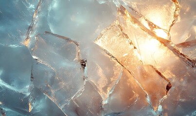 Naklejka premium Abstract Ice Texture with Golden Light Shining Through the Frozen Shapes