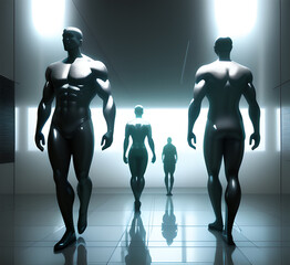 Abstract surrealistic - illustration of glass statue several people standing in pose. Concept project. mindfulness and meditation. Futuristic. cyberpunk. innovation different types of poses. generativ