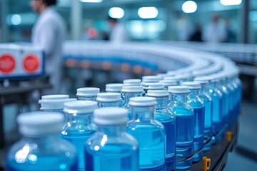 Obraz premium Automated Manufacturing Line Filling Blue Liquids into Bottles