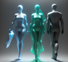 Obraz premium Abstract surrealistic - illustration of glass statue several people standing in pose. Concept project. mindfulness and meditation. Futuristic. cyberpunk. innovation different types of poses. generativ