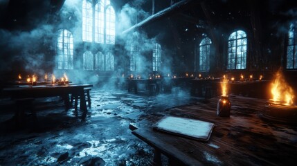 A mysterious dining hall shrouded in mist, illuminated by flickering candles, inviting viewers to imagine gatherings filled with history and warmth.