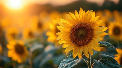 Obraz premium Vast golden sunflower field stretching toward the horizon the flowers swaying gently in a soft breeze with warm sunset hues illuminating the lush peaceful scene