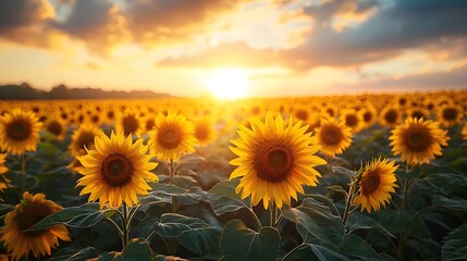 Fototapeta premium Captivating sunflower field stretching toward the horizon golden flowers swaying under a soft breeze warm sunset hues in the background perfect for copy space