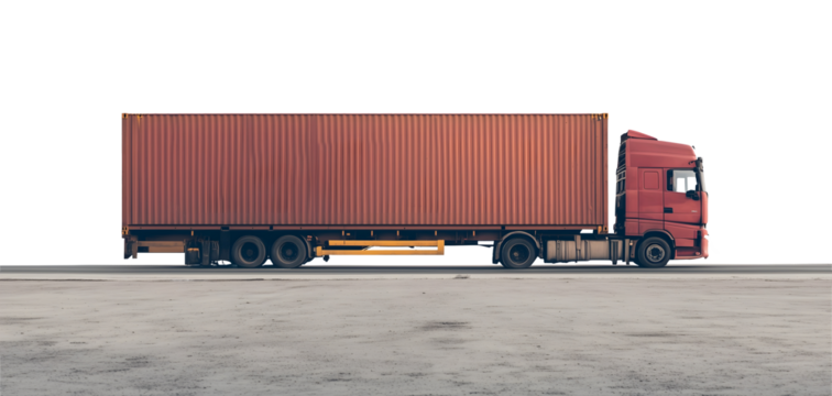 large red shipping truck with cargo container on open highway isolated png transparent background