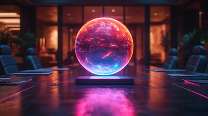 Glowing Suspended Sphere in a Modern Corporate Boardroom Strategizing for Innovative Success