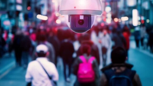 Security camera motion detection system recognizes identifies people with big data and AI. Facial recognition technology scan and detect people face for identification in crowded places. IOT CCTV4