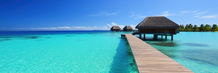 Obraz premium A beach with a wooden walkway leading to a small hut. The water is calm and clear, and the sky is blue