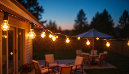 Fototapeta premium Warm string lights creating cozy ambiance on back patio, evening magic