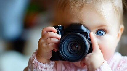 baby holding camera with curiosity and exploring photography concept