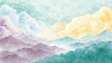 Watercolor mountain landscape illustration with soft colors and dreamy atmospher