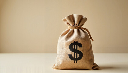 Burlap money bag symbolizes financial success, wealth concept