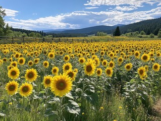 Obraz premium Vibrant Sunflower Field Under Blue Sky and Rolling Hills in a Serene Landscape