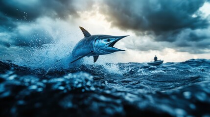 A dynamic shot of a marlin leaping from the azure waters, showcasing its sleek body and powerful movement, symbolizing the thrill and excitement of deep-sea fishing.