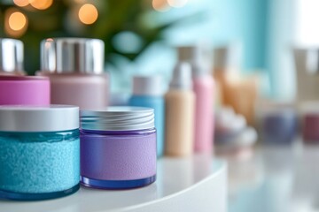 various cosmetic creams are on the table in the cosmetologist's office.