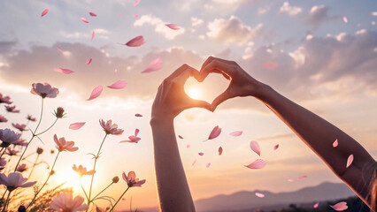 International Women's Day celebration photo featuring hands forming a heart under cherry blossoms