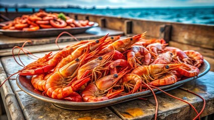 Fresh Red King Prawns on Metal Tray at Seaside Fish Market - Minimalist Seafood Stock Photo