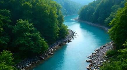 An aerial view of a meandering river amidst dense green forest. Beautiful rocks line the riverbank, surrounded by lush nature, emphasizing the beauty of nature and tranquility.