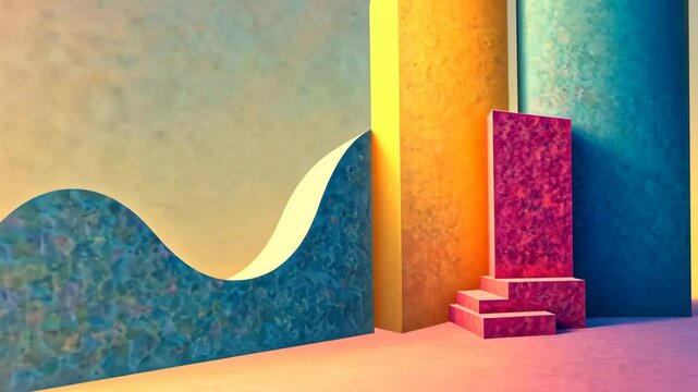 A colorful room with a pink step stool. The room is painted in a variety of colors, including blue, yellow, and pink