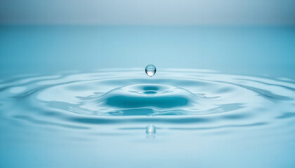 Single water droplet creating ripples in serene blue water, tranquility