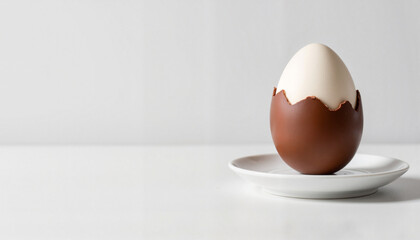 Minimalist chocolate egg on white plate, indulgence concept