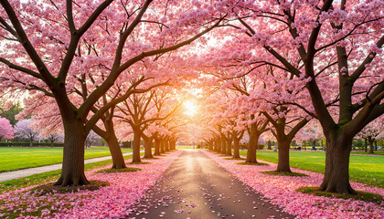 Dreamy pathway lined with cherry blossoms at golden hour, serene beauty