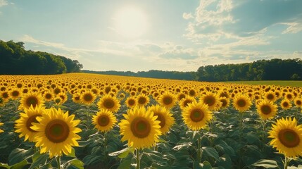 Obraz premium Vibrant Sunflower Field Under Blue Sky with Bright Sunlight and Lush Green Surroundings