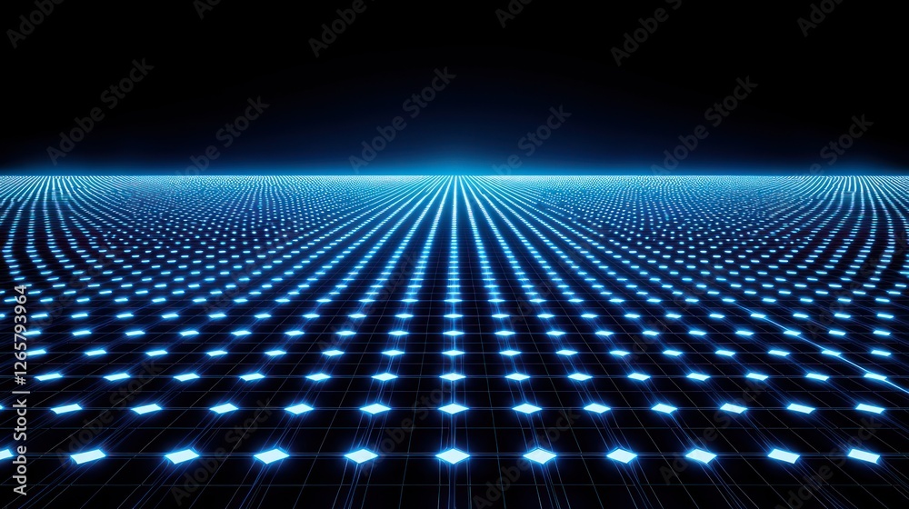 Wall mural blue dots array on grid forming horizon for technology or abstract background